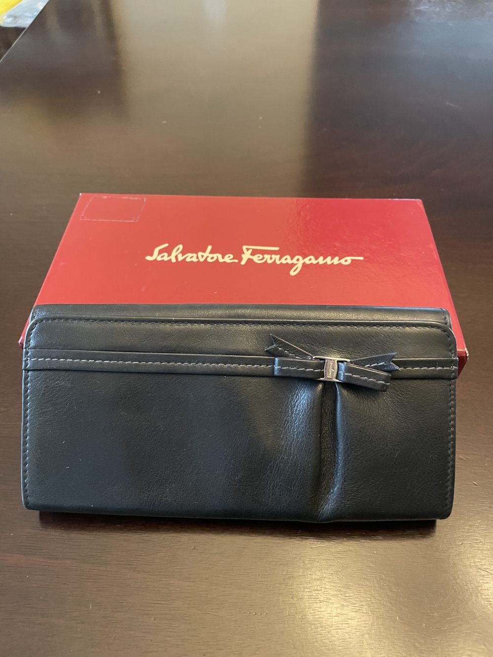 Ferragamo Black Leather Vara Bow Wallet
